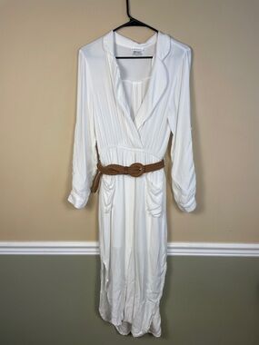 VENUS Women’s Boho Casual White Split Neck Belted Long Sleeve Midi Shirt Dress